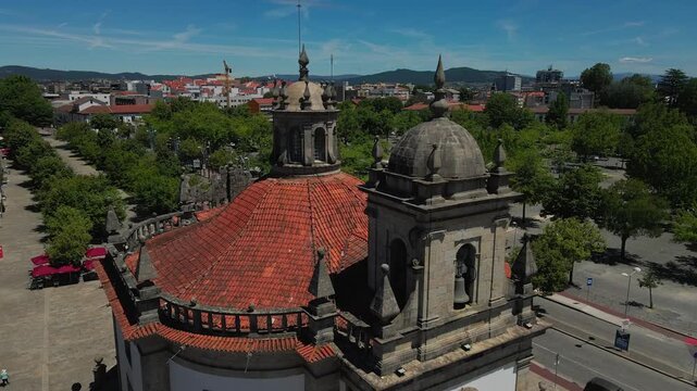 Close aerial of the domes of Senhor da Cruz Church in Barcelos, Portugal