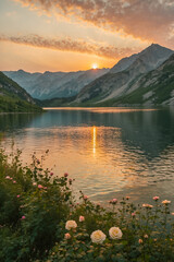 A beautiful, pale sunset over a lake and mountains with wild flowers and roses