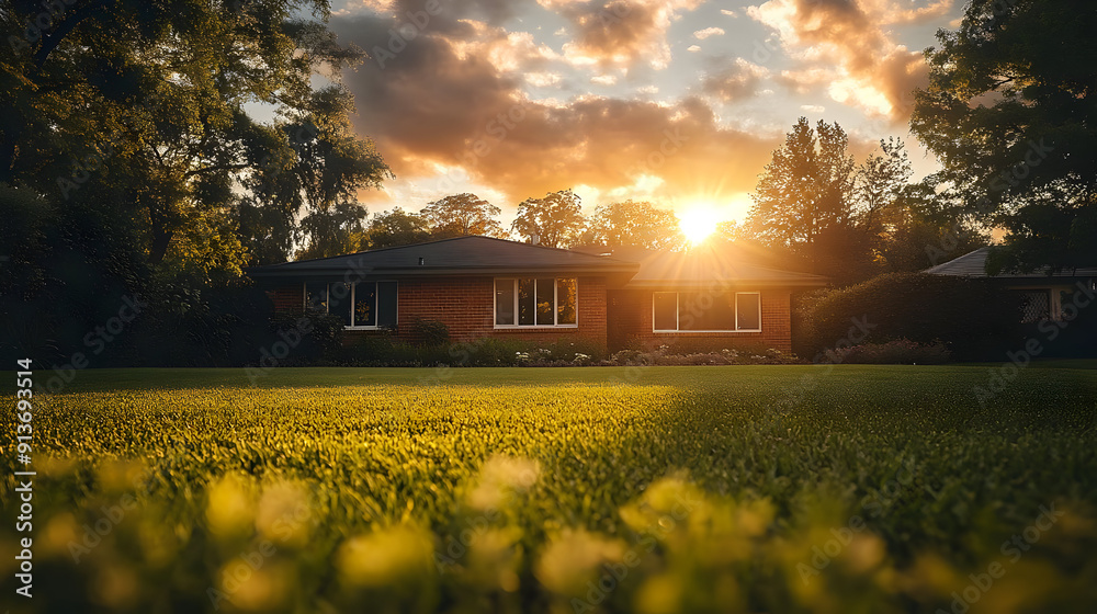 Canvas Prints Brick house with sunset glow on the lawn.