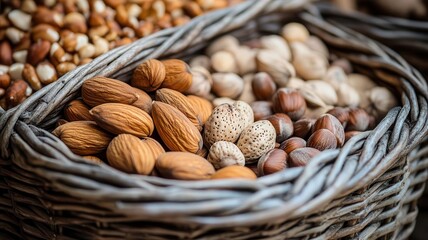 An assortment of nuts in woven baskets, showcasing a variety of textures and colors perfect for healthy snacking.