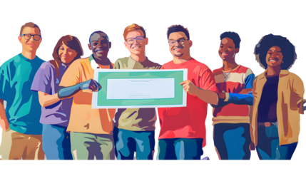 Smiling volunteers delivering a large check to a local charity made possible by the thrift stores profits and the hard work of its volunteers.. Vector illustration