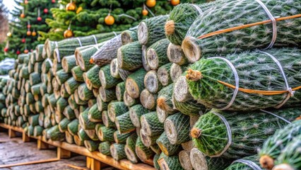 Freshly cut Christmas trees wrapped in netting and stacked in a market, awaiting sale to decorate homes for the holidays.