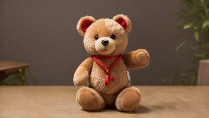 Fototapeta premium A brown teddy bear with red ears and a red scarf is sitting on a wooden table.