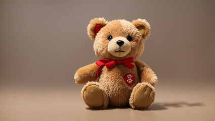 Obraz premium A brown teddy bear with red ears and a red scarf is sitting on a wooden table.