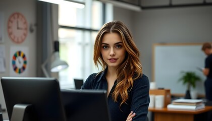 Obraz premium A gorgeous young woman busy at work behind her professional background