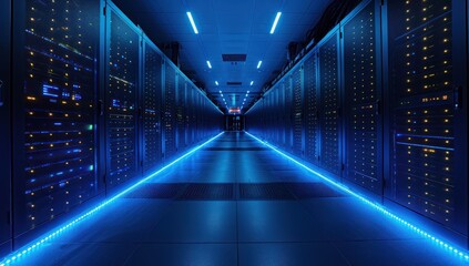 Fototapeta premium Blue Lit Server Room Corridor