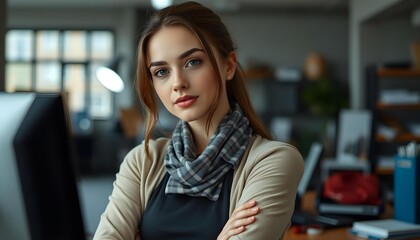 Fototapeta premium A gorgeous young woman busy at work behind her professional background