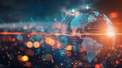 Fototapeta premium A futuristic of the Earth with digital patterns and abstract lights, symbolizing global connectivity, technological advancement, data flow, communication networks