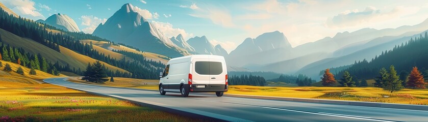 Driving van on scenic road, 3D style, triadic color scheme, meadows, mountains