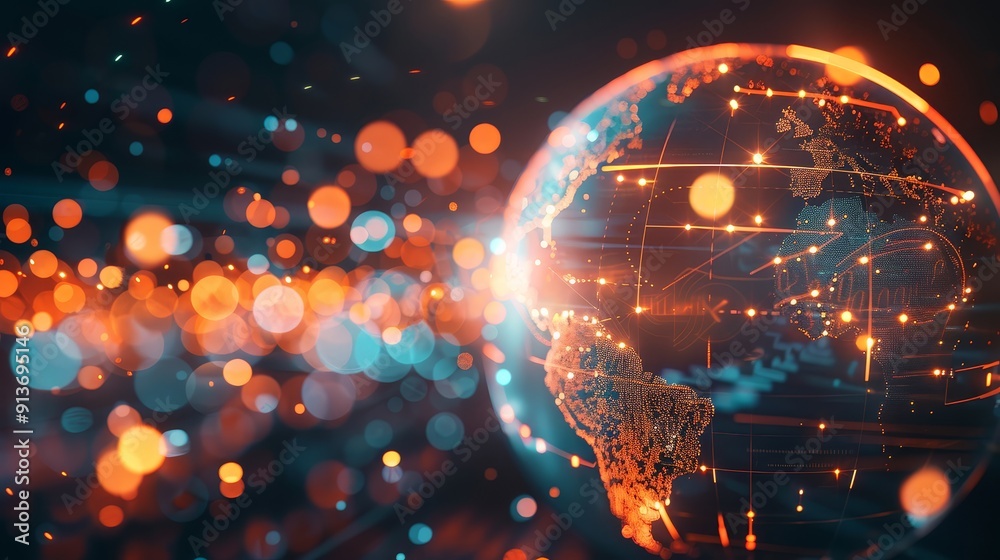 Poster a glowing globe with lines and points of light representing global interconnectedness and communicat