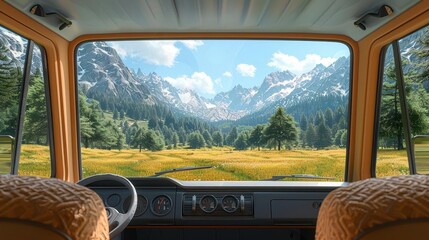 Fototapeta premium Scenic drive van with meadows, mountains, 3D style, triadic colors