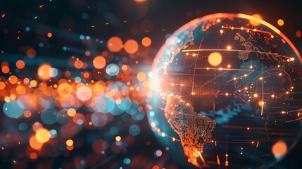 Obraz premium A glowing globe with lines and points of light representing global interconnectedness and communication, with a blurred background of bokeh lights symbolizing the world's network.