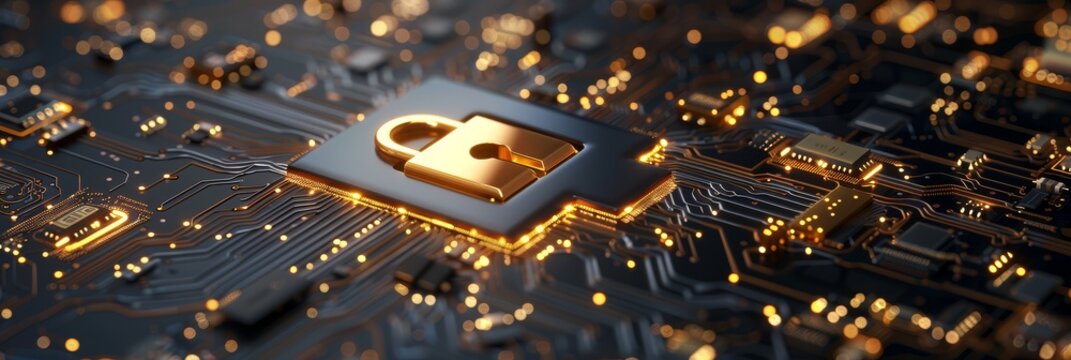 A golden padlock sits on a circuit board, symbolizing digital security, data protection, secure network, online privacy, and cybersecurity.