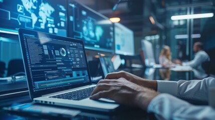 Close up of a man's hands typing on a laptop computer in a office setting. for your background business, poster, wallpaper, banner, backdrop, greeting cards, and advertising for business entities or b