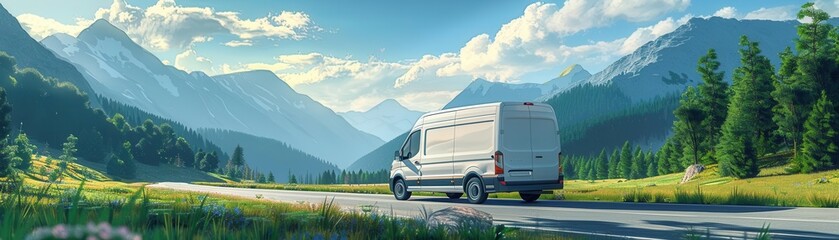Obraz premium Van driving through picturesque road, meadows and mountains, 3D style, triadic color scheme