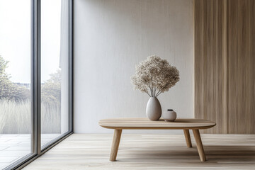 Minimalist living room interiors composition with plenty of natural lighting coming from a large window and luxury furniture arrangements. Premium Real Estate interior design.
