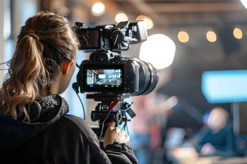 A focused filmmaker captures a scene with a professional camera, showcasing creativity and dedication in a dynamic workspace.