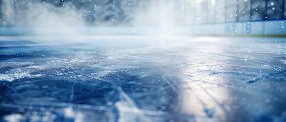 Professional ice rink sport arena.Hockey stadium with spotlights, steam. Ice textured background. Sport banner with copy space. Generative ai.