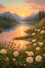 A beautiful, pale sunset over a lake and mountains with wild flowers and roses