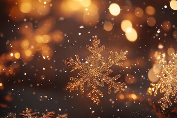 Fototapeta premium Christmas glittering glowing snowflakes particles and bokeh lights falling shiny background. with generative ai