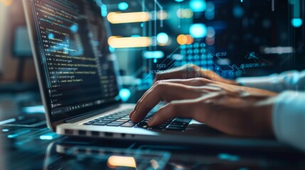 Coding on Laptop in a Futuristic Setting for your background business, poster, wallpaper, banner, backdrop, greeting cards, and advertising for business entities or brands.