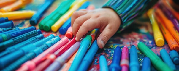 Obraz premium Closeup of a childs hand reaching for vibrant markers, creativity and education tools