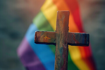 Rainbow LGBTQ gay flag as a symbol of tolerance and reformation in a church. Religion cross belief faith and LGBT flag on background, christianity and homosexuality freedom pride