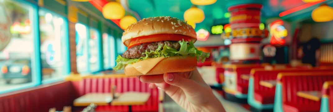 A juicy burger with fresh toppings is held up in a diner with red booths and vibrant colors, symbolizing classic American cuisine, nostalgia, diner culture, fast food, and a satisfying meal.