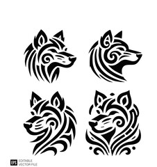 Set of wolf head tribal tattoo vector design ideas