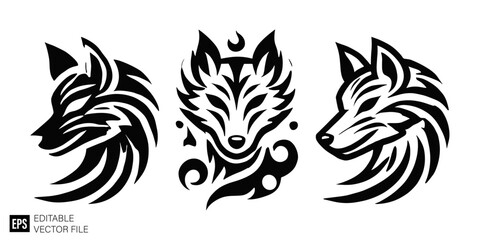 Set of tribal wolf head tattoo design illustration