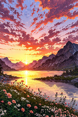 A beautiful, pale sunset over a lake and mountains with wild flowers and roses