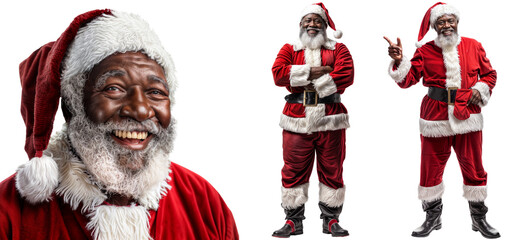 Collection of Joyful African American Santa Claus in Various Poses on Transparent Background, Perfect for Holiday Designs