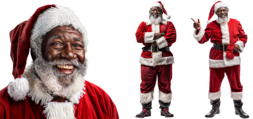 Collection of Joyful African American Santa Claus in Various Poses on Transparent Background, Perfect for Holiday Designs
