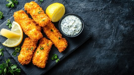  Fish sticks with lemon and tartar sauce 