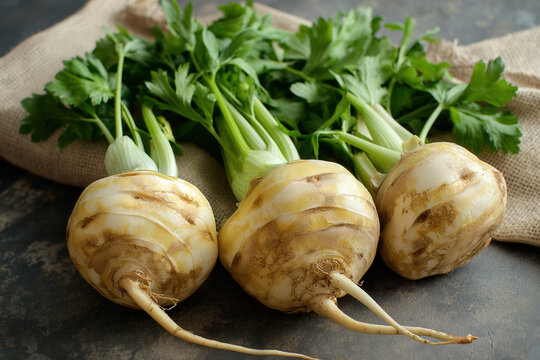 Celeri-rave or celeriac - root celery, often used in salads and soups, hi end kitchen