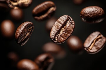 Fototapeta premium Coffee beans in flight on a dark background with generative ai