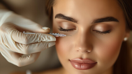 Aesthetic shot of a woman receiving a cosmetic injection under her eye, highlighting precision and care. Suitable for beauty and wellness advertisements.