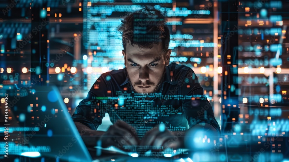 Poster a programmer is working late at night, surrounded by lines of code. he is focused on his work, and t