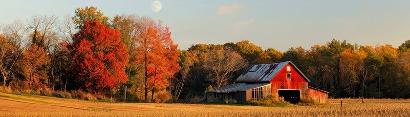 Fototapeta premium A red barn stands proudly in a picturesque autumnal landscape, with vibrant red and orange trees, a golden field, and a full moon in the sky, symbolizing tranquility, rural life, harvest season