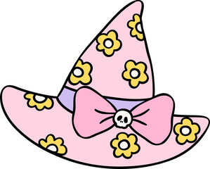 Cute Pastel Halloween witch hat Groovy Retro Cartoon Character Girly Coquette Flower Doodle