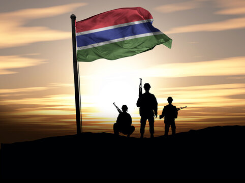 The Gambia Independence Day, The Gambia flag with soldiers. Photo Illustration