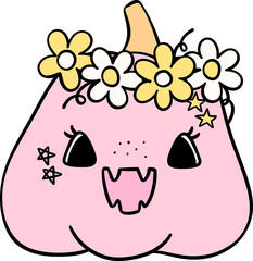 Cute Pastel Halloween pumpkin Groovy Retro Cartoon Character Girly Coquette Flower Doodle