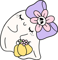 Cute Pastel Halloween Floral Ghost Groovy Retro Cartoon Character Girly Coquette Flower Doodle