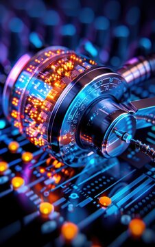 A close-up view of a decorative analog dial against a colorful electronic circuit board, illuminated with vibrant lights.