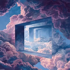 a painting of a window in the clouds