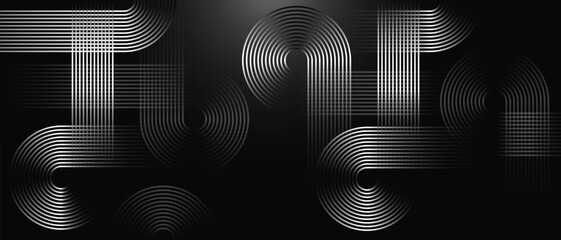 Abstract glowing circle lines on dark background. Geometric stripe white line art design. Modern vector black background. Futuristic technology concept.