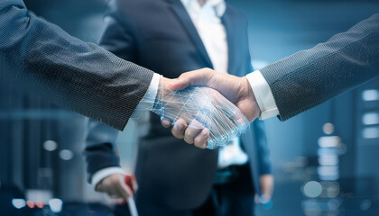 close up of handshake in office suit with futuristic digital hologram effect on hand