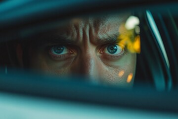 Intense Man Looking in Car Side Mirror at Camera with Blue Eyes Generative Illustration