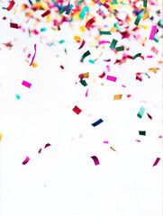 image with a white background, pieces of colorful confetti gently falling from the sky. The confetti small, with consistent shapes such as circles or squares, to create a subtle festive effect