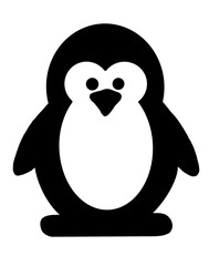 Simple black and white silhouette of a cartoon penguin. The penguin has an oval-shaped body with rounded wings on each side. It features a large, white belly area, and two round eyes with a small blac